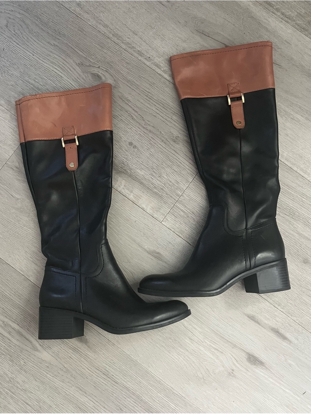 Franco Sarto Black and Brown Two-Tone Knee Boots Wide Calf